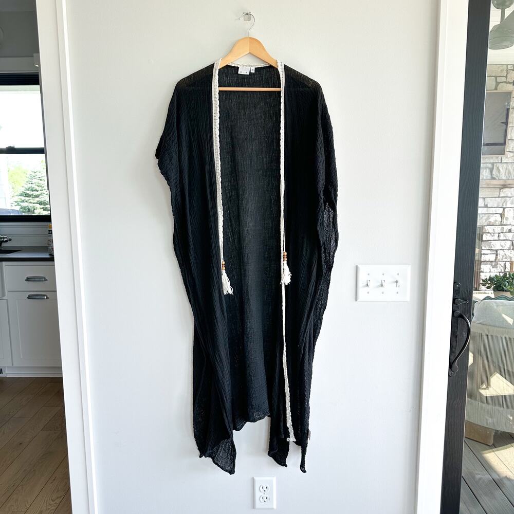 O + X Tasseled Lightweight Side Slit Open-Front Swim Coverup Black OS